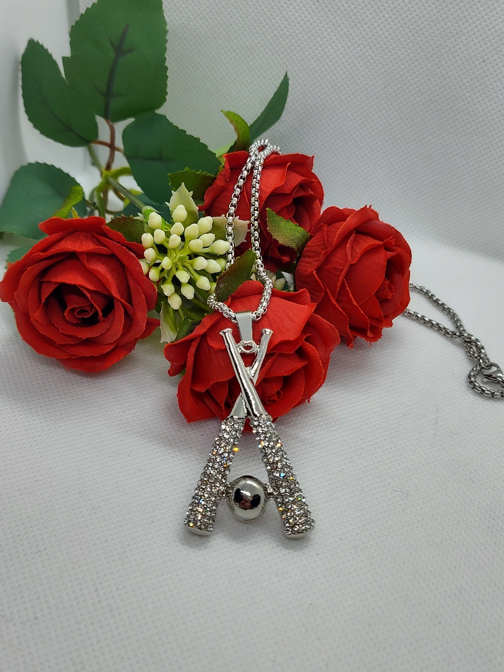 Unisex Silver Crystal Baseball Bat Pendant Necklace - Silver NWOT